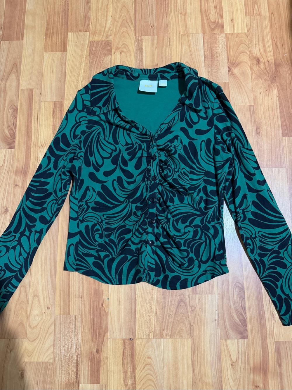 Maeve by Anthropologie XL Green Patterned Long-Sleeve Button Front Women’s Top